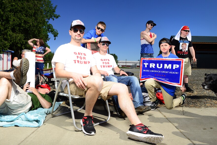 Supporters wearing Gays for Trump shirts at a rally for presidential frontronner Donald Trump rally in Lynden, Washington, on Saturday, May 7. 