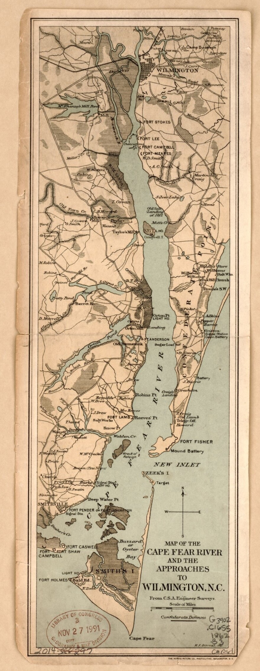 Map of the Cape Fear River, from C.S.A. Engineer Surveys. Galloway was born in a small fishing village along the river, and his knowledge of the area and network of local contacts became important resources for the Union Army.