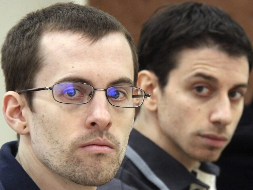 A photo released by Iran's state-run Press TV on Feb. 6, 2011, shows U.S. hikers Shane Bauer (left) and Josh Fattal at court in Tehran.