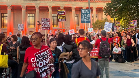 Yale's unionized clerical and technical workers rally on Yale’s Bienecke Plaza ahead of contract resettlement October 15, 2026 in New Haven, Connecticut.