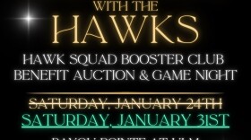 Event flyer for the 8th annual Hang Out with the Hawks hosted by the Hawk Squad Booster Club, featuring a benefit auction and game night on Saturday January 31st at Bayou Pointe at ULM with the event beginning at 5:30 pm