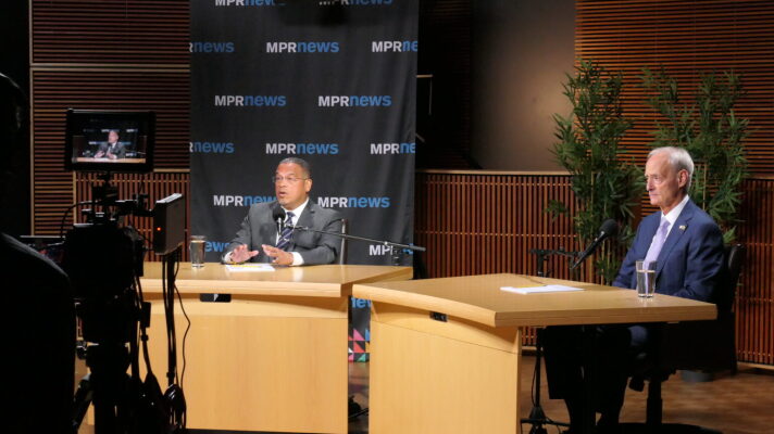 Democratic Attorney General Keith Ellison and Republican challenger Ron Schutz debate at MPR News in St. Paul on Oct. 2, 2026