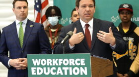 Florida Gov. Ron DeSantis speaks during a news conference after announcing a $20 million dollar program to create cybersecurity opportunities through the Florida Center for Cybersecurity at the University of South Florida Wednesday, March 2, 2022, in Tampa.