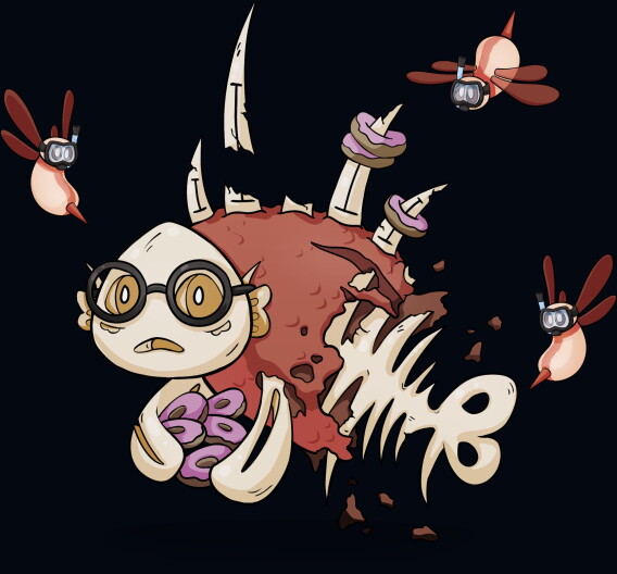 This monster is Type One Diabetes. He’s got eyeglasses, he’s holding some donuts, and he’s being stung by strange little bees. Each one of these characteristics mean something specific in the medical world.