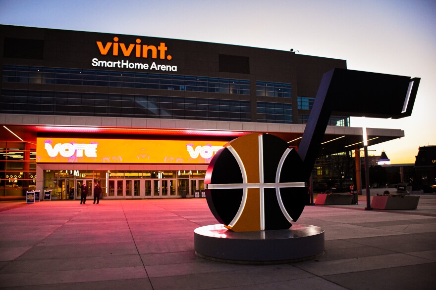 A photo of the Utah Jazz 'note' in front of Vivint SmartHome Arena.