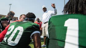 Charlie Strong, seen addressing his team in March 2017, was fired as USF head football coach Sunday afternoon with a 21-16 record in three seasons. USF ATHLETICS
