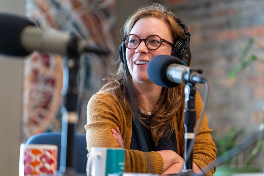 Amy Thielen recording "Ham Radio: Cooking with Amy Thielen" in the KBXE studio in Bemidji on May 28, 2025.