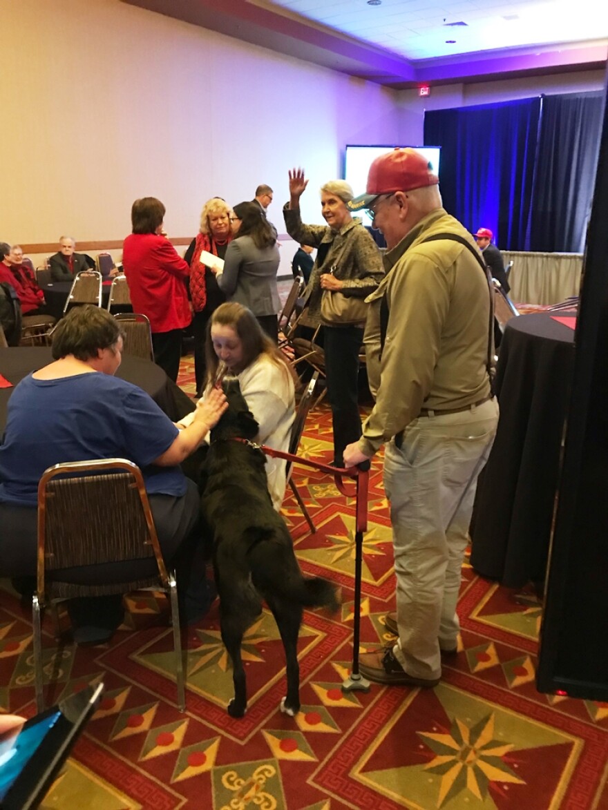 Two- and four-legged supporters of Josh Hawley, the Republican candidate for U.S. Senate, gather at the University Plaza Hotel in Springfield, Missouri. Nov. 6 2018