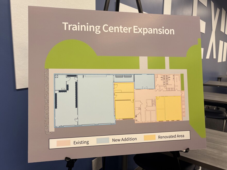 A display of the expanded floor plan. The $4.8 million 4,200 square foot expansion includes new and updated classrooms capable of accomodating classes of 30 firefighters, a new bay with spaces for emergency vehicles, and designated areas for storage and cleaning of equipment.