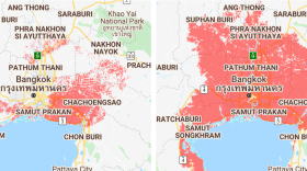 Estimates of land at risk of annual flooding given unchecked greenhouse gas emissions and moderate sea level rise projections. Left panel reflects legacy elevation data; right panel is based on CoastalDEM v1.1 estimates derived from satellite data correct