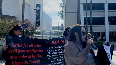 Lisa Matus speaks at a press conference in Riverside.