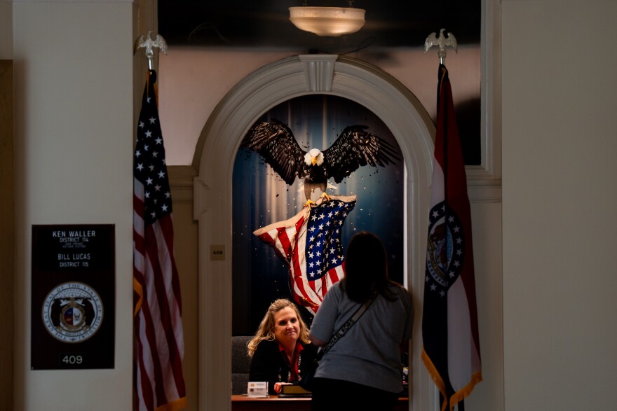 A painting of a bald eagle holding an American flag lines the entrance of Reps. Ken Waller and Bill Lucas' offices at the Missouri Capitol.