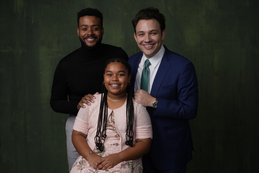 Kris Bowers, from left, Porche Brinker, and Ben Proudfoot pose for a portrait during the 96th Academy Awards Oscar nominees luncheon on Monday, Feb. 12, 2024, at the Beverly Hilton Hotel in Beverly Hills, Calif. (AP Photo/Chris Pizzello)