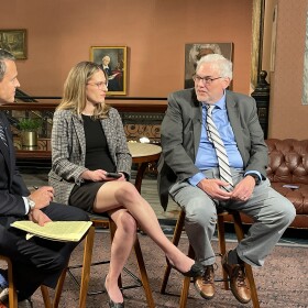 Gavin Jackson, host of This Week in South Carolina, is joined on set in the Statehouse lobby by South Carolina Public Radio reporter Maayan Schechter and Associated Press reporter Jeffrey Collins on Jan. 29, 2025.