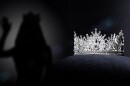 Diamond Silver Crown for Miss Pageant Beauty Contest, Crystal Tiara jewelry decorated gems stone and abstract dark background on black velvet fabric cloth