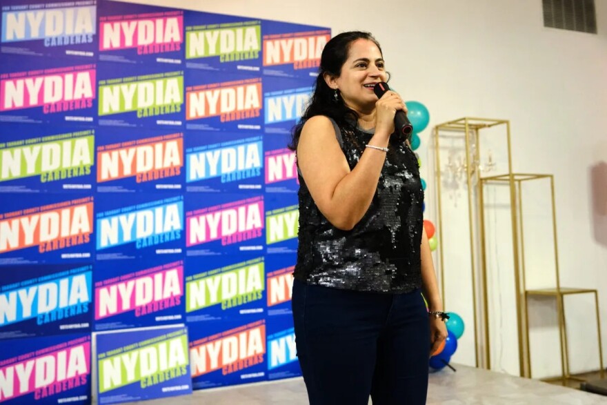 Nydia Cárdenas, candidate for Tarrant County Precinct 4, speaks at her Democratic primary election watch party at Azle Hall in Fort Worth’s northside on March 3, 2026.