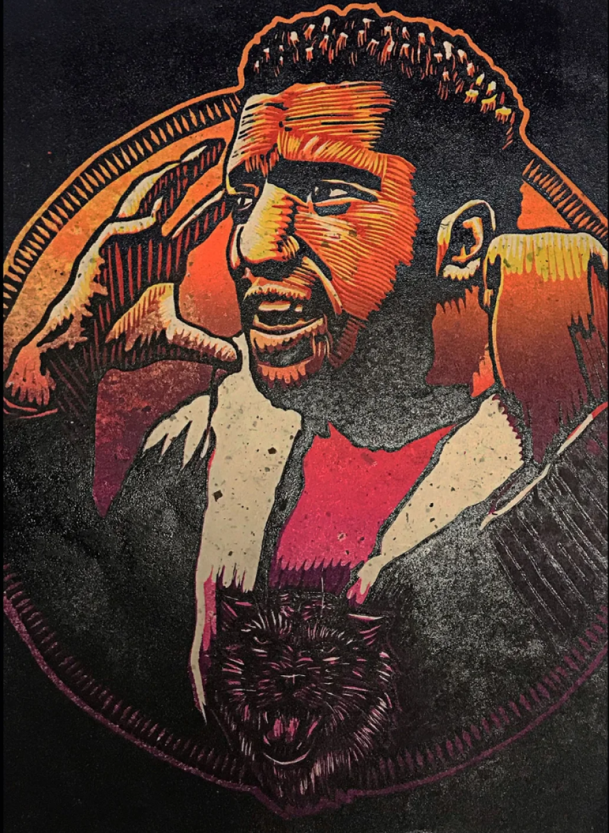A reductive woodcut work of Fred Hampton, Black Panther leader, is an example of Flores's work that leans toward social justice. He intends to create more works with this theme at the center.
