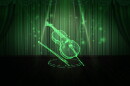 futuristic illustration of a cello being projected on a dark stage in neon green light