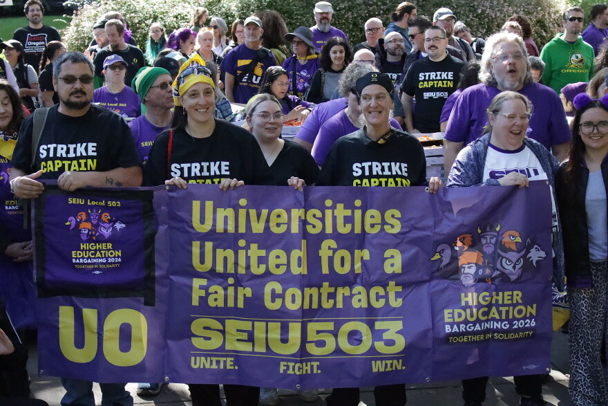 SEIU 503 workers rally at the University of Oregon to celebrate a tentative new contract on Sept. 28, 2026.
