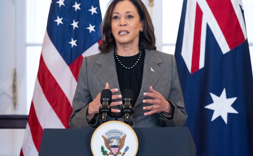 Vice President Harris speaks during a state luncheon in honor of Australian Prime Minister Anthony Albanese at the State Department on Thursday.