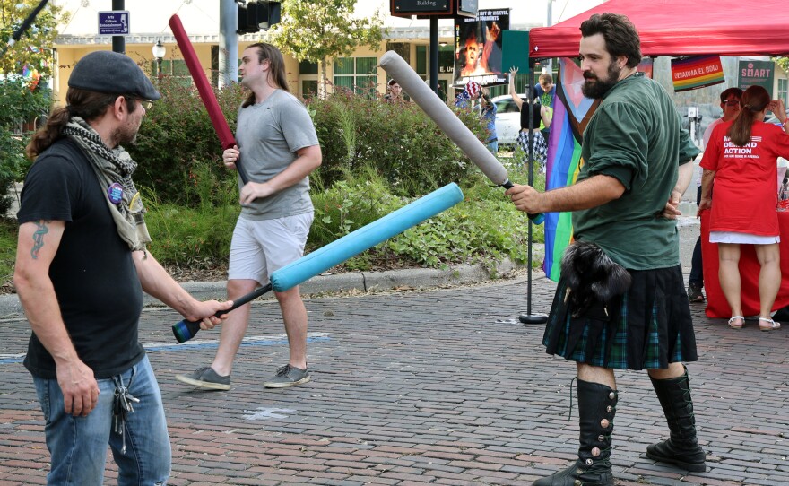 Zack Dunn prepares to spar Eric Martin in medieval combat at the Gainesville Pride Festival 2024 in Gainesville, Fla., Saturday, Sept. 28, 2024. (Diego Perdomo/WUFT News)