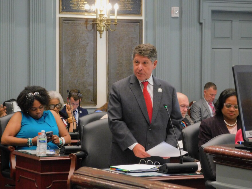 State Rep. Paul Baumbach (D-Newark) speaks on Gov. John Carney's decision to veto a bill restructuring the State Employee Benefits Committee on Wednesday on the House Floor in Legislative Hall.