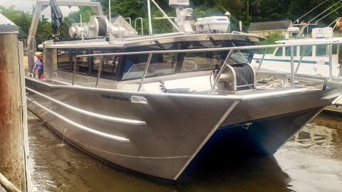 The RV Sound Outlook docked outside DEEP's Marine District Headquarters in Old Lyme, Connecticut June 26, 2026.