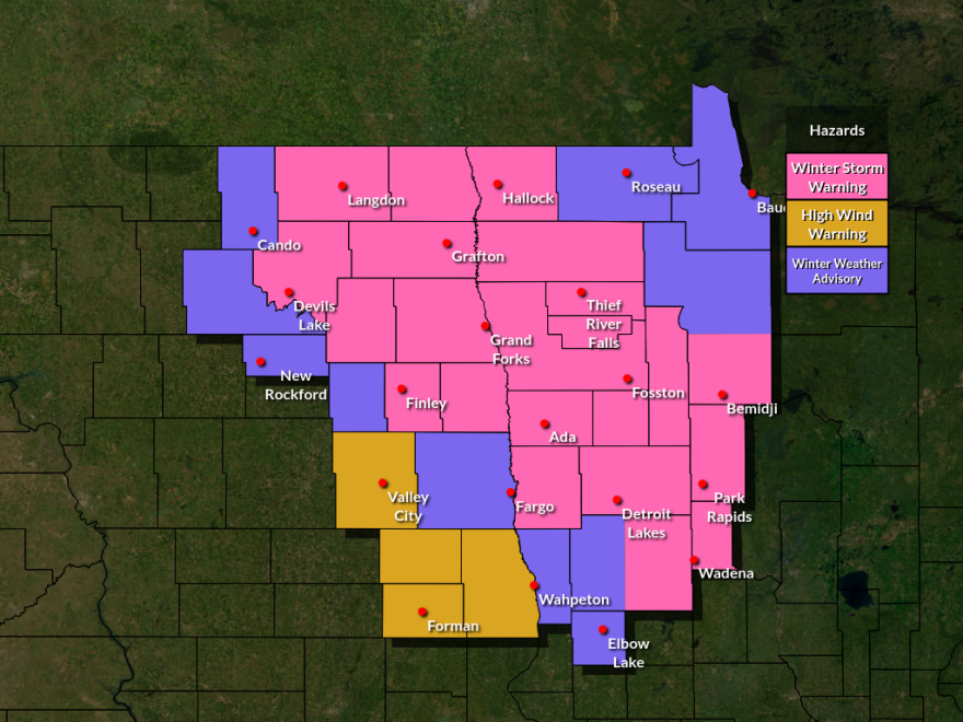A map from the National Weather Service in Grand Forks shows areas where winter weather warnings and advisories are in place for a clipper storm system on Dec. 9, 2025.