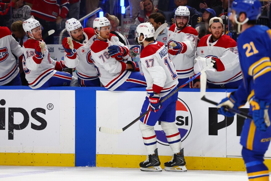 Montreal Canadiens right wing Josh Anderson (17) celebrates his goal during the second period in Game 5 of a second-round NHL hockey Stanley Cup playoff series against the Buffalo Sabres Thursday, May 14, 2026, in Buffalo, N.Y. (AP Photo/Jeffrey T. Barnes)
