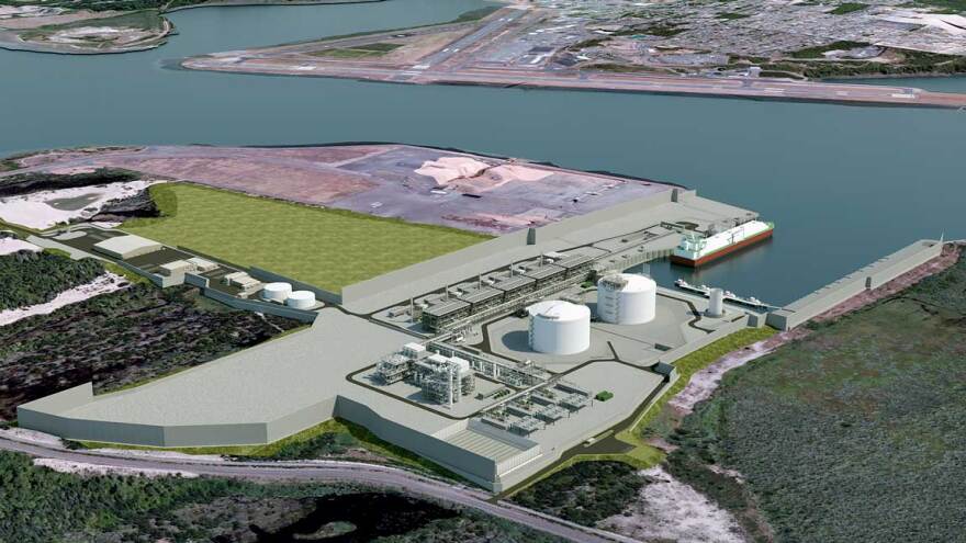 An artist's rendering of the proposed Jordan Cove LNG export terminal in Coos Bay, Oregon. This is a view of the Processing Facility, Marine Slip and Corridor from the Northwest.