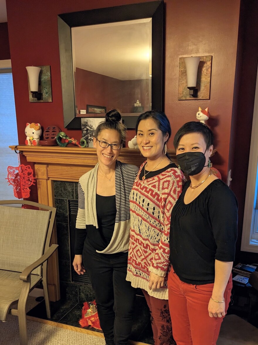 Natasha Chang (left) and HaQuyen Pham (right) at a 2023 Lunar New Year potluck hosted by their friend Lai Nga (Linda) Li.