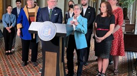  Senate and Assembly Environmental Committee chairs, Peter Harckham, left, and Deborah Glick, right, discuss a bill to cut plastic packaging in half over the next 12 years on Monday, June 5, 2023.