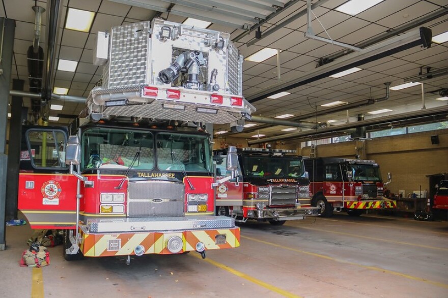 Fire trucks in a Tallahassee fire station