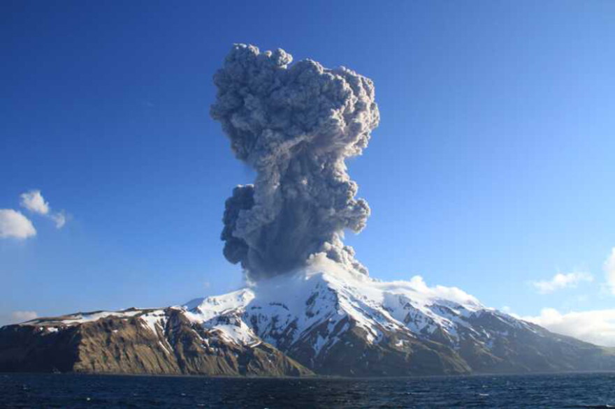 Eruption plume of Great Sitkin Volcano captured by Lauren Flynn (USFWS) from the R/V Tiglax on May 25, 2021