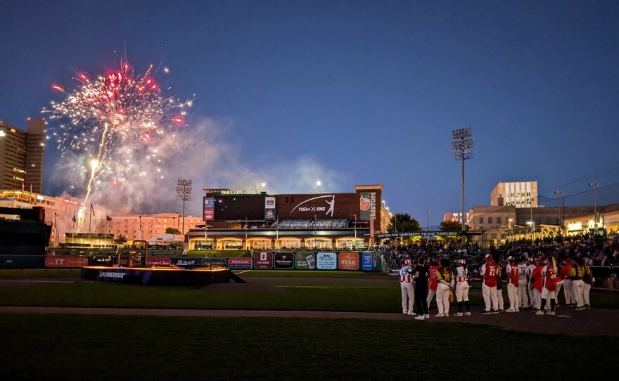 Home Run Derby X participants watch fireworks at the end of the night on August 10, 2024.