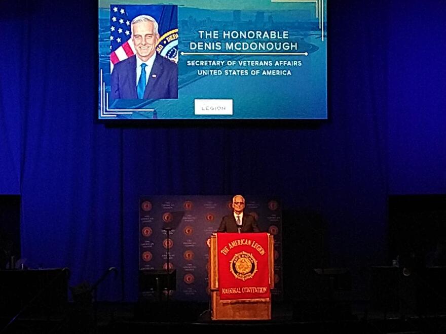 VA Secretary Denis McDonough speaks to the American Legion national convention, Wednesday in Milwaukee.