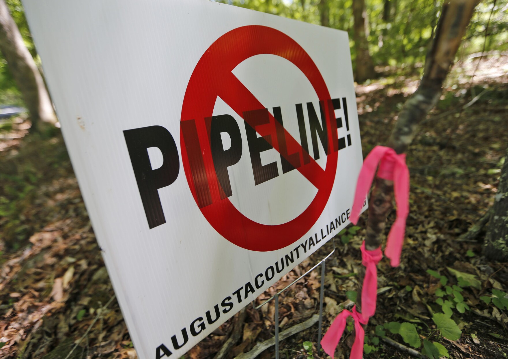 A No Pipeline sign is posted next to a property line marker only a few feet from the center line of the route of the proposed Atlantic Coast Pipeline in Bolar, Va. 