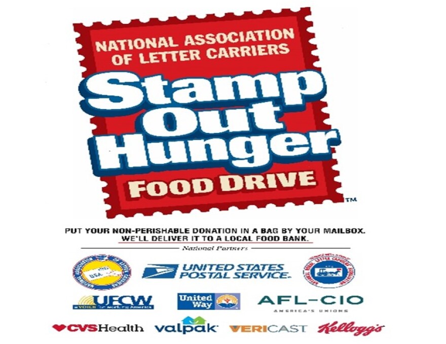 A promotional collage of a red stamp that says, "Stamp Out Hunger Food Drive," with logos of participating organizations along the bottom.