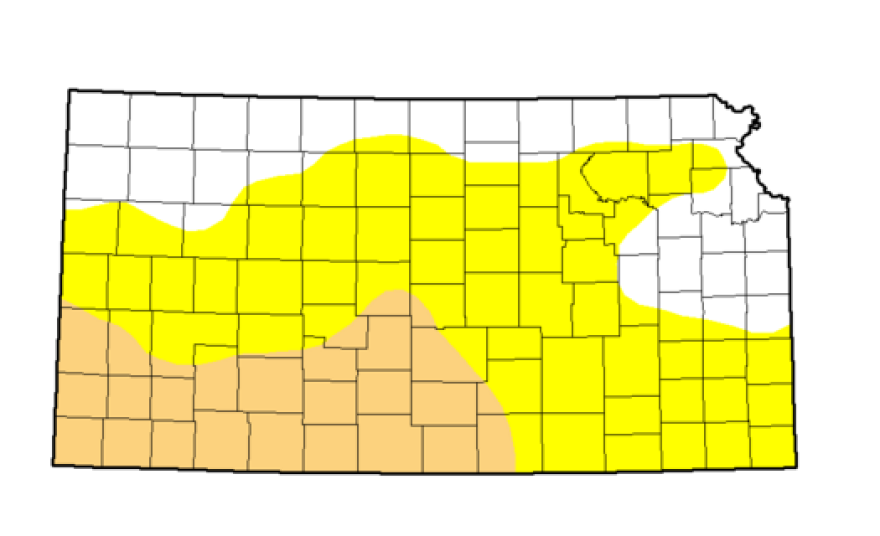 An image from the U.S. Drought Monitor showing dry conditions and drought stretching across much of Kansas.