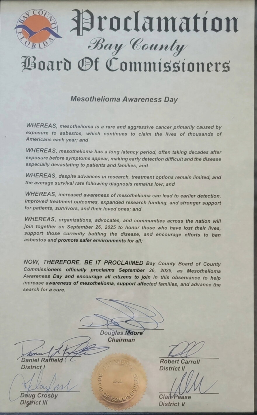 Document from Bay County Board of County Commissioners to proclaim September 26 as National Mesothelioma Awareness Day.