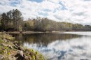  A Minnesota lake is shown in early spring. The ice has melted, but leaves haven't yet emerged on the trees. 