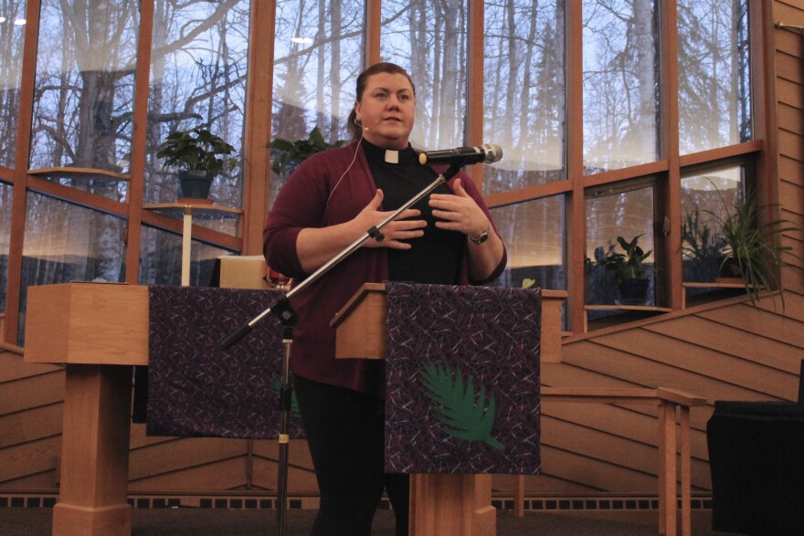 Rev. Meredith Harber leads a community meeting to support a family deported from Soldotna on Friday, Feb. 20, 2026 in Soldotna, Alaska.