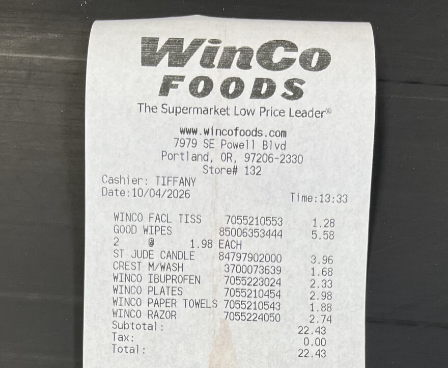 A receipt from Winco on Oct. 4, 2026 did not appear to list an added tax or surcharge for the Portland Clean Energy Fund.