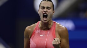 Aryna Sabalenka, of Belarus, shouts during her match against Daria Kasatkina, of Russia, in the fourth round of the U.S. Open tennis championships, Monday, Sept. 4, 2023, in New York. (AP Photo/Adam Hunger)