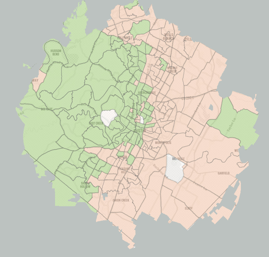 A map showing high and low priority areas for planting trees on public land. Most of east, north and south Austin is shaded pink, indicating high priority. Most of west Austin is shaded green, indicating low priority.