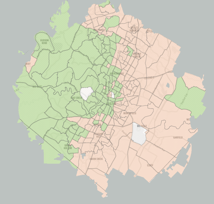  A map showing high and low priority areas for planting trees on public land. Most of east, north and south Austin is shaded pink, indicating high priority. Most of west Austin is shaded green, indicating low priority. 