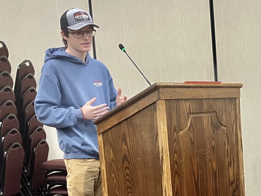 Lucas Myers, owner of Myers Tinting, talks to the Washington City Council on Monday before the council voted unanimously to approve his commercial building and property improvement grant request.