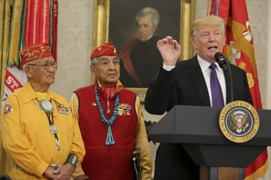 President Trump speaks during an event honoring members of the Native American code talkers in the Oval Office of the White House, on Nov. 27, 2017 in Washington. Trump stated, "You were here long before any of us were here. Although we have a representative in Congress who they say was here a long time ago. They call her Pocahontas," in reference to his nickname for Sen. Elizabeth Warren. (Oliver Contreras-Pool/Getty Images)