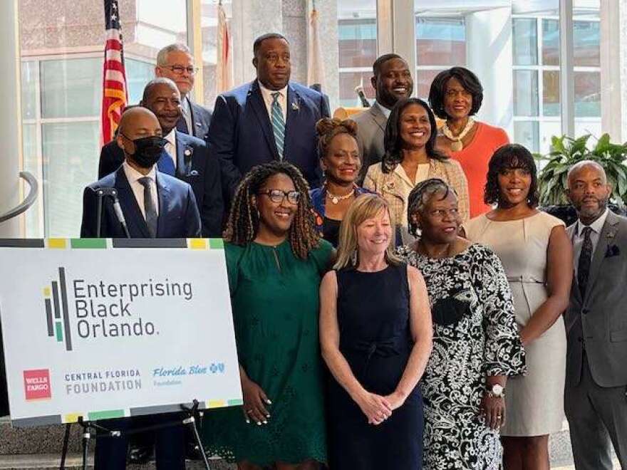 Community leaders working with Enterprising Black Orlando outline a plan to assess the economic environment for Black-led organizations. Photo: Brendan Byrne / WMFE 