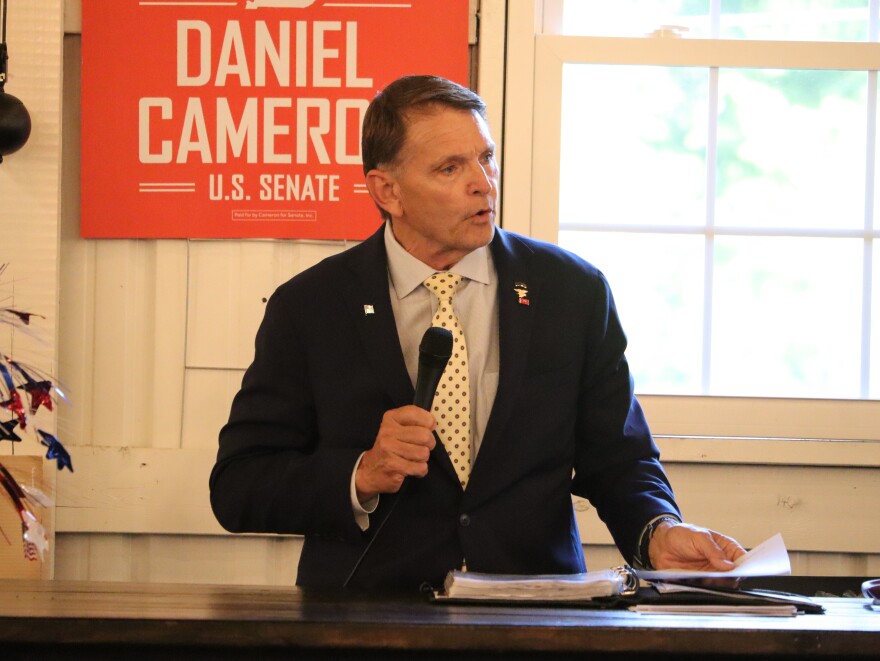Former Navy SEAL officer Ed Gallrein, who is challenging Congressman Thomas Massie, speaks before a group of local Republicans at the Pendleton County GOP Reagan Day Dinner.
